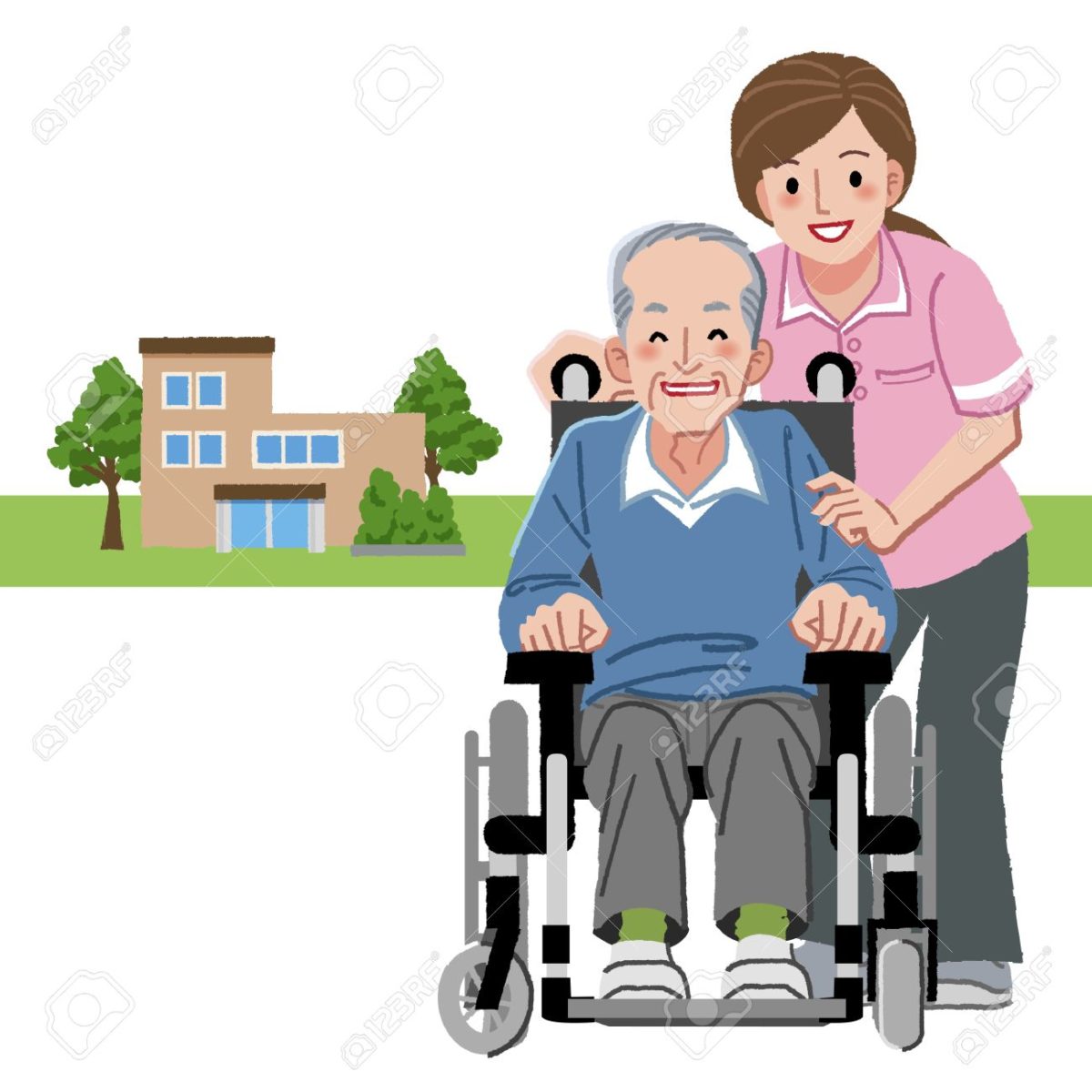 Portraits of smiling senior man in wheelchair and caregiver, with nursing home in distance background.