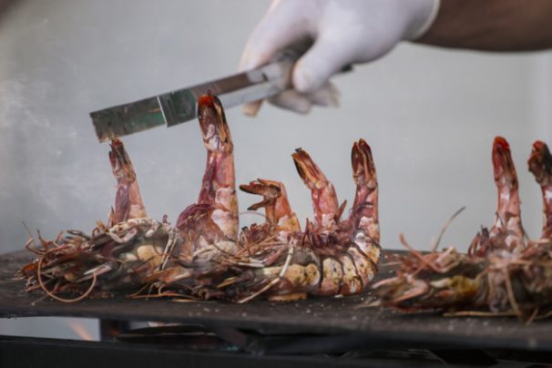 Close view of Giant Tiger Shrimps on the grill.