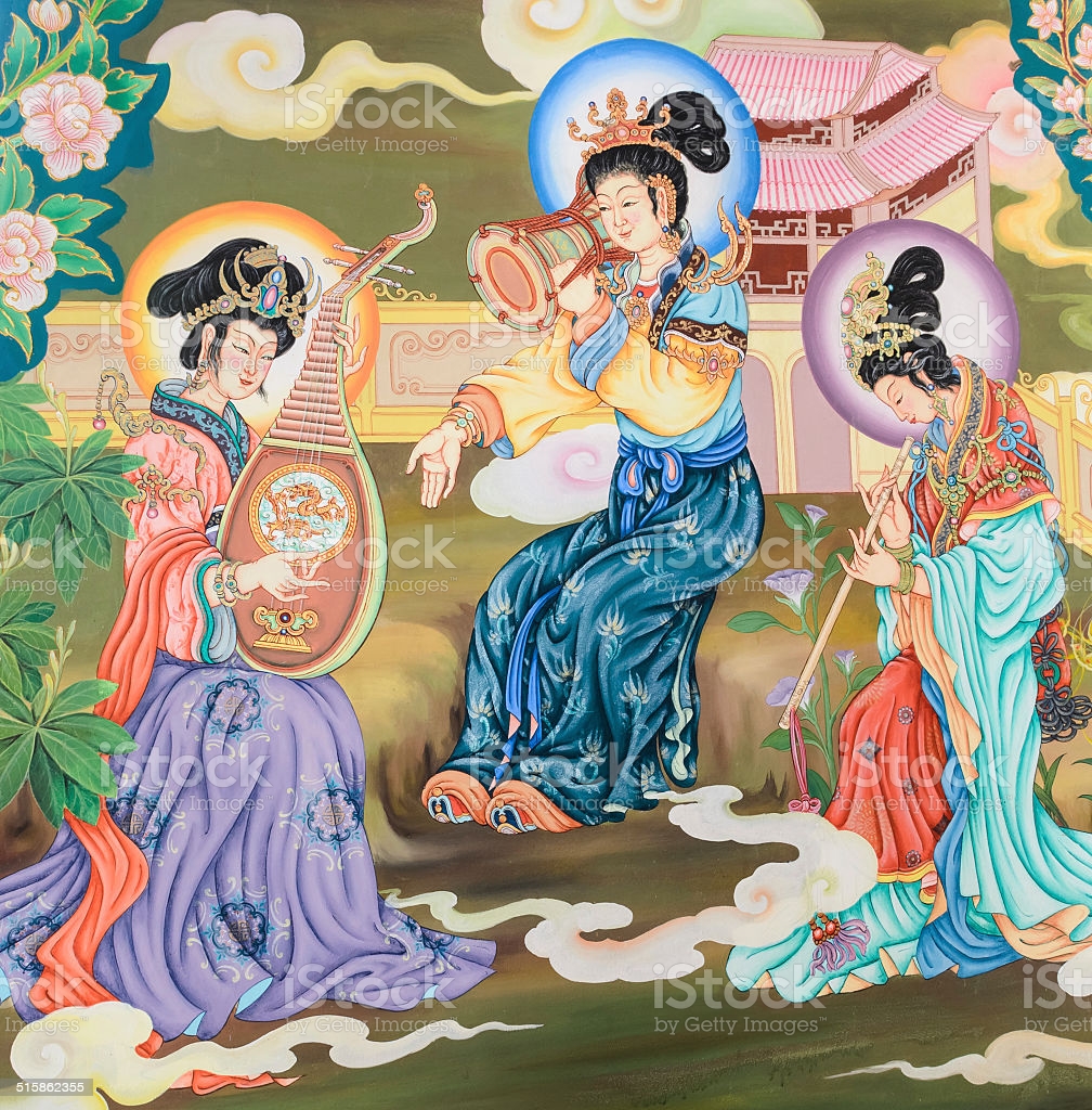 Traditional Chinese painting on temple wall at Wat Onoi in Nakorn Pathom province, Thailand.